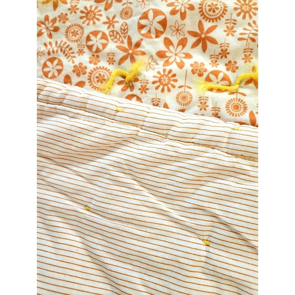 Handmade Baby Quilt Blanket Comforter White Orange Hand Tied Floral 52